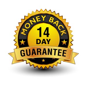 Strong golden colored 14 day money back guarantee badge.